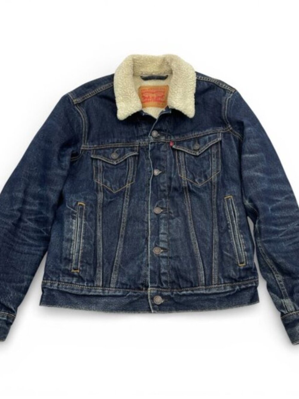 Levi's Indigo Blue Cotton Denim Jean Sherpa Trucker Fleece Lined Jacket Men's S